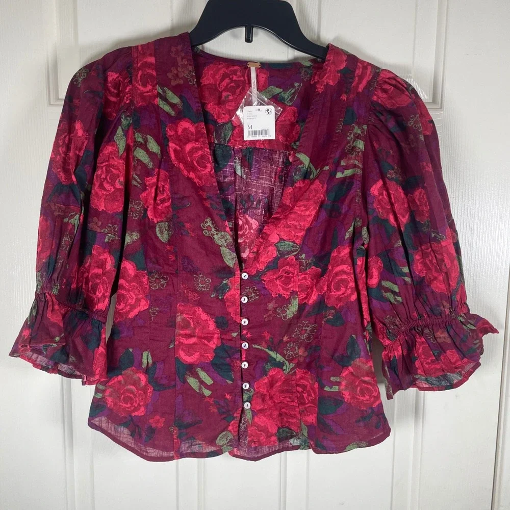 Free People I Found You Top Blouse Button Flounce Cuff Smocked Trim Curved Hem M